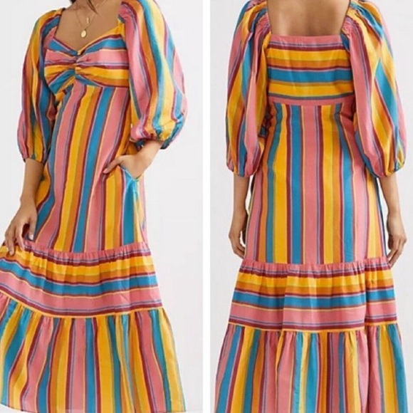 FARM Rio Dresses & Skirts - Farm Rio Rainbow Stripe Short Puff Sleeve Midi Dress Womens Size X Small